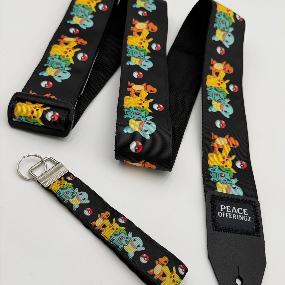 Black Pokemon Guitar Strap with matching Keychain Lanyard